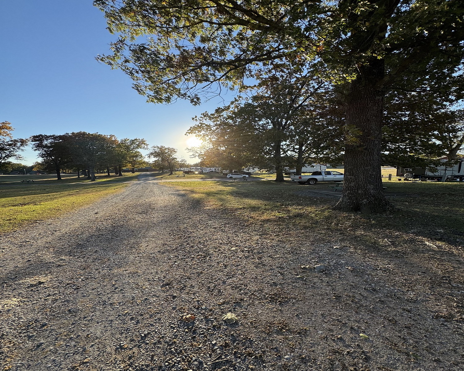 Golden-hour drive through Mid America Lodge with RVs beyond the oaks
